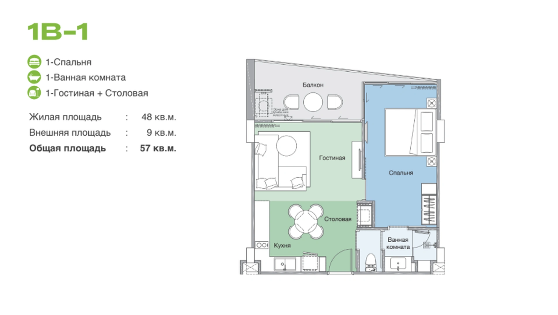 1 bedroom, 54,0 м²