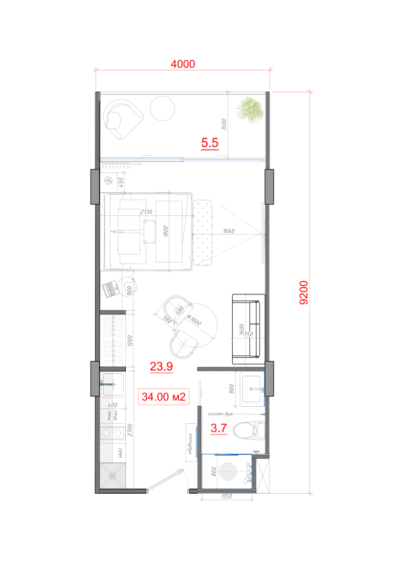 Studio, 36,0 м²